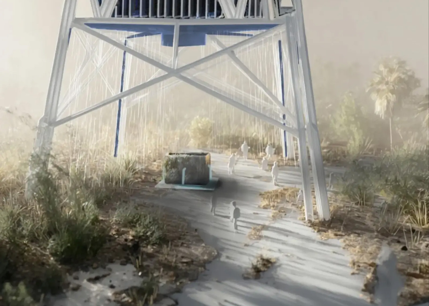 Marshland with metal tower, rendering.
