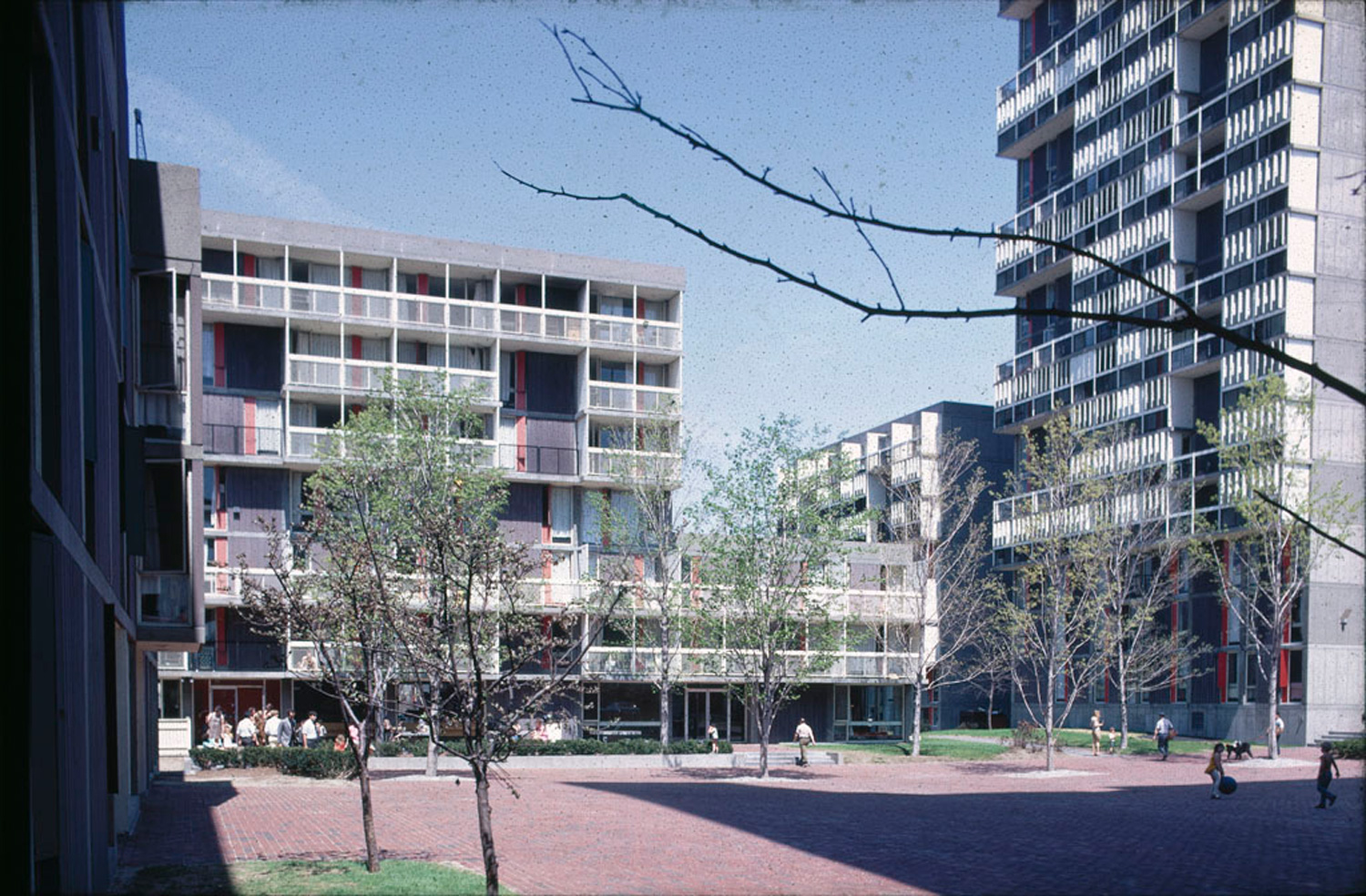 View of Courtyard with concrete buildings surrounding it.