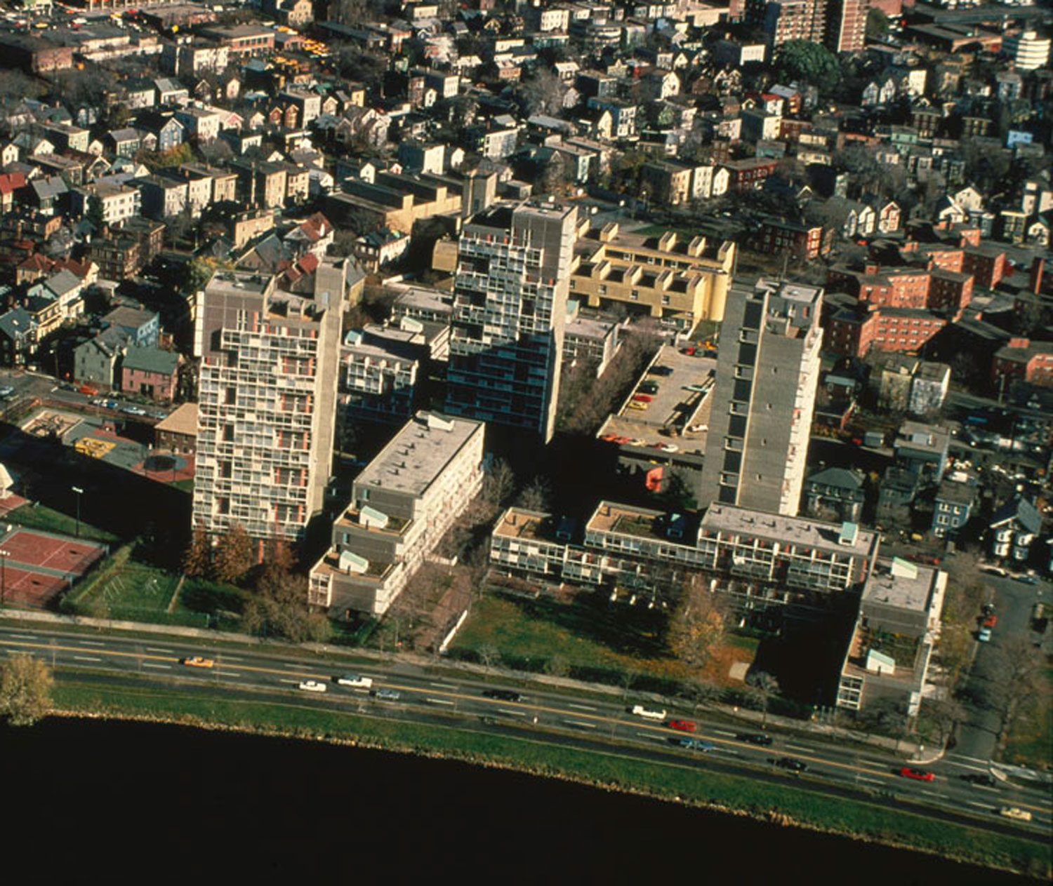 Aerial view of large concrete building complex.