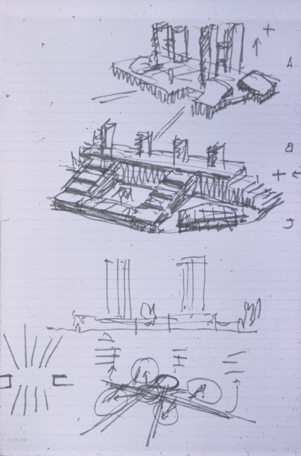 Sketch of building with towers.