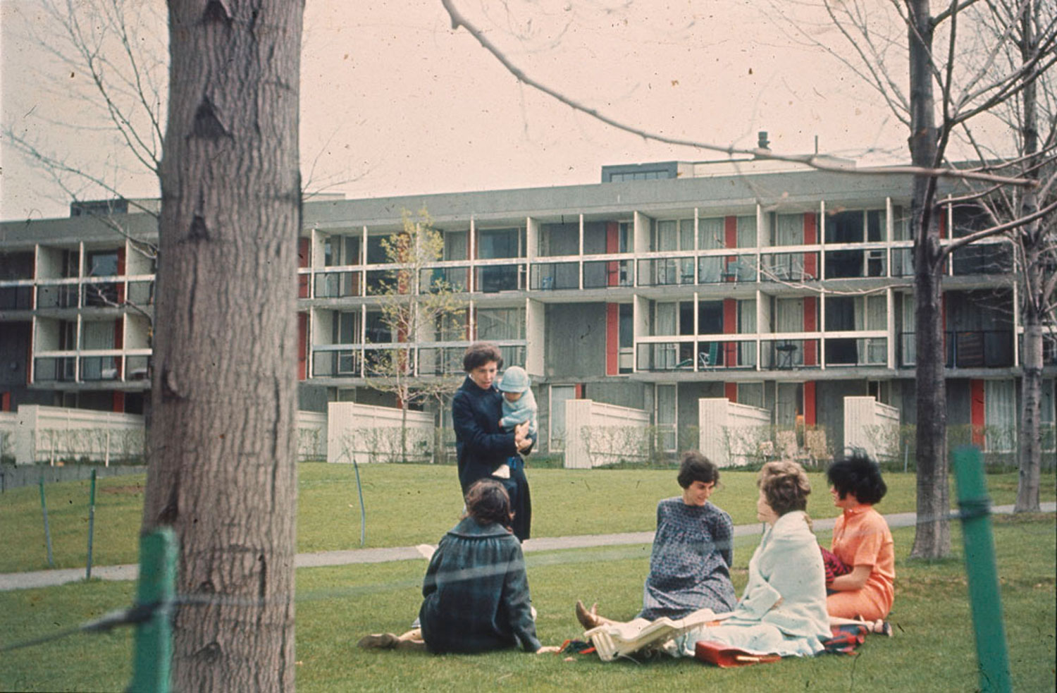 People on the grass in front of a low-rise concrete building.