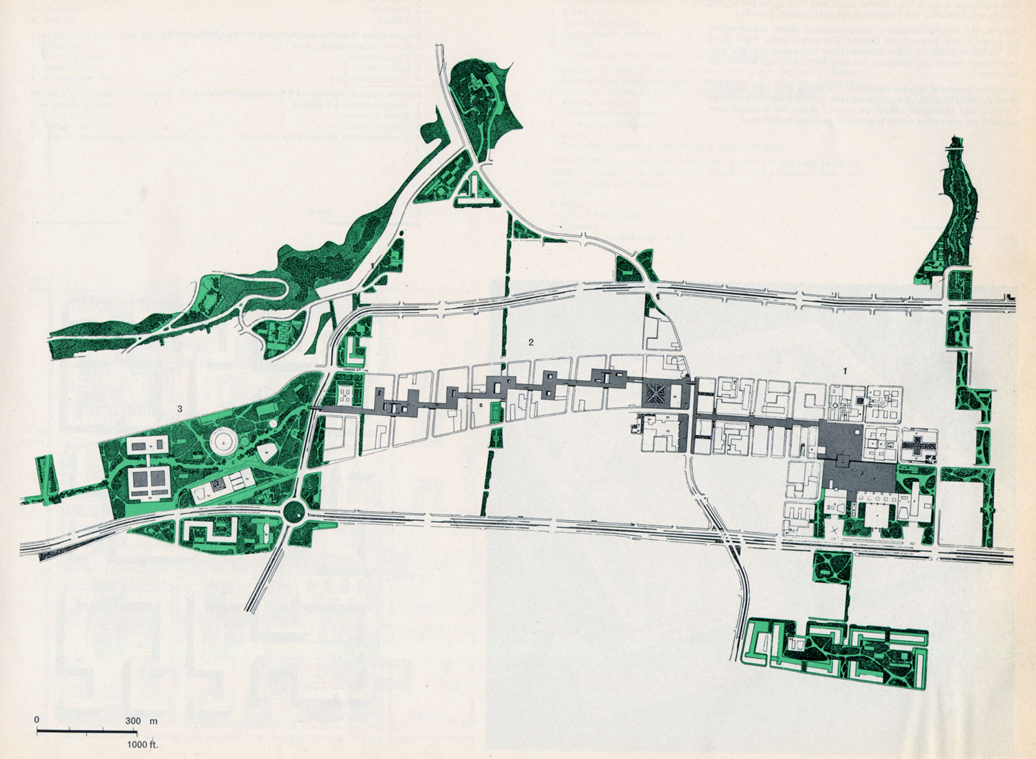 Master plan for a city in black and green on a white page