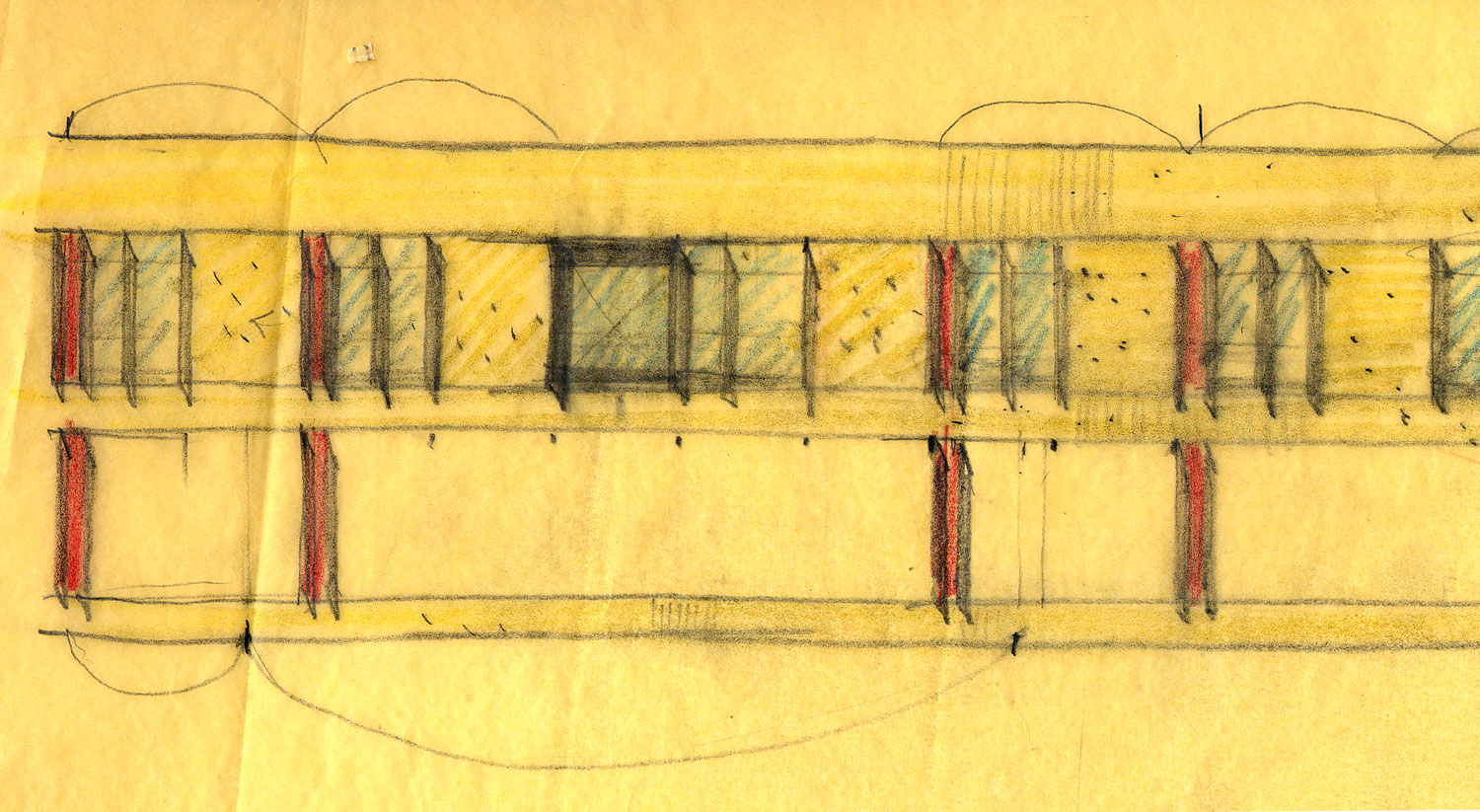 Yellow trace paper with a colorful bar building sketched out.