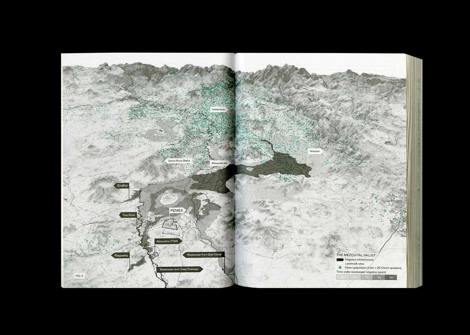 Book spread showing topography of an area with shades of green and gray.
