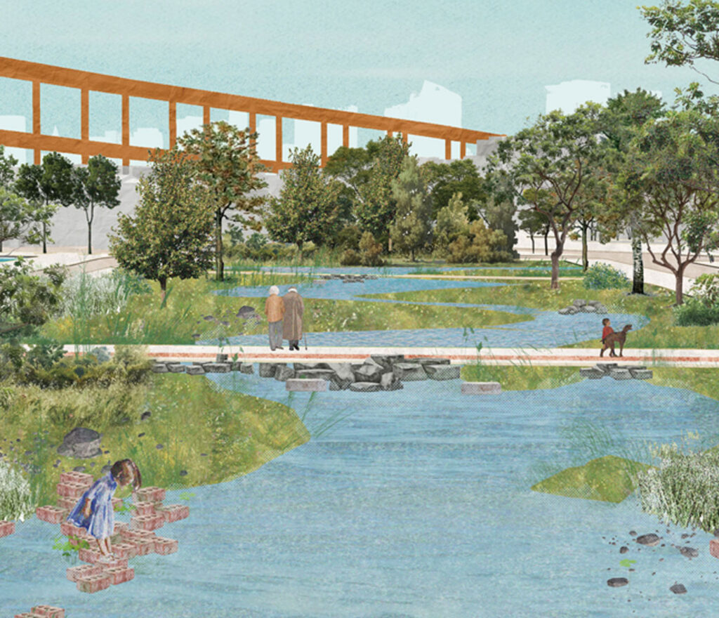 Landscape with people, water, trees, and tall structure in background, rendering.