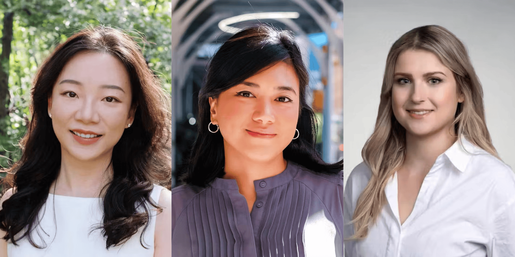 Three side-by-side portraits of women: a woman in a white top outdoors, a woman in a purple blouse with hoop earrings, and a woman in a white collared shirt against a plain background.