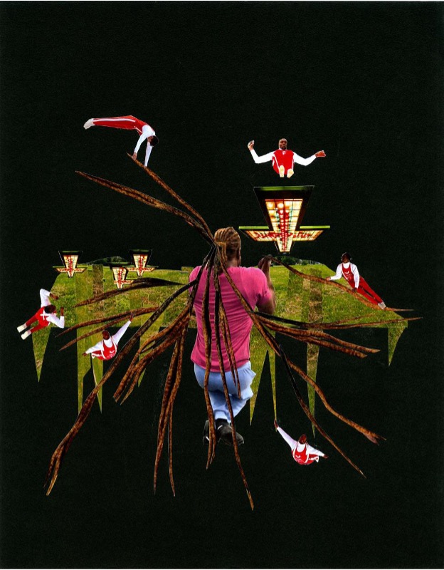 a person sits cross-legged in the center of greenery, their braids connected to smaller figures rolling in the air.
