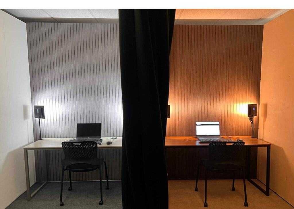 two rooms, one made with gray tones, the other with yellow tones