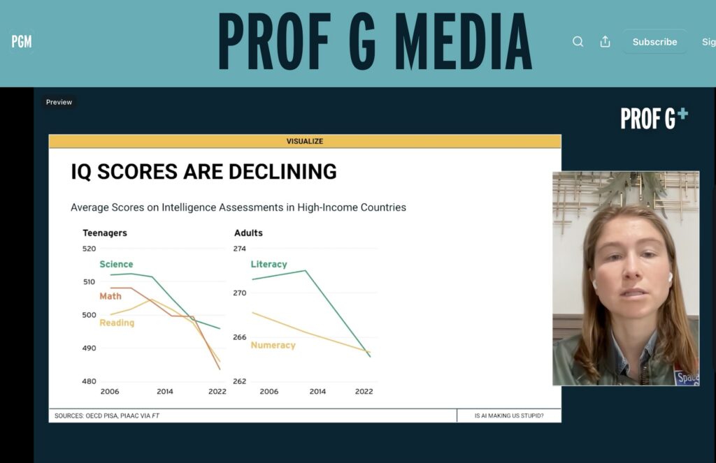 a graph on the left shows IQ scores declining, with an image of a woman on the right talking.