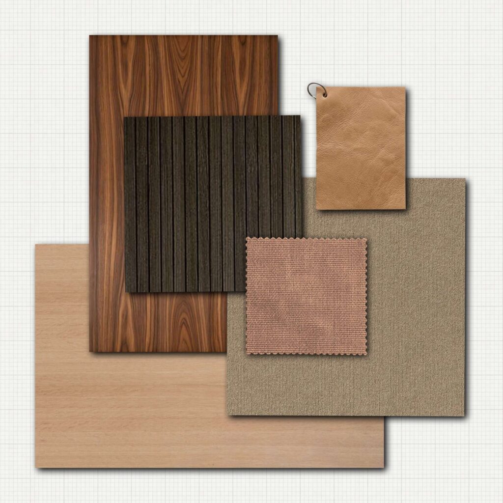 An image showing swatches of various earth-toned materials including wood and fabric.
